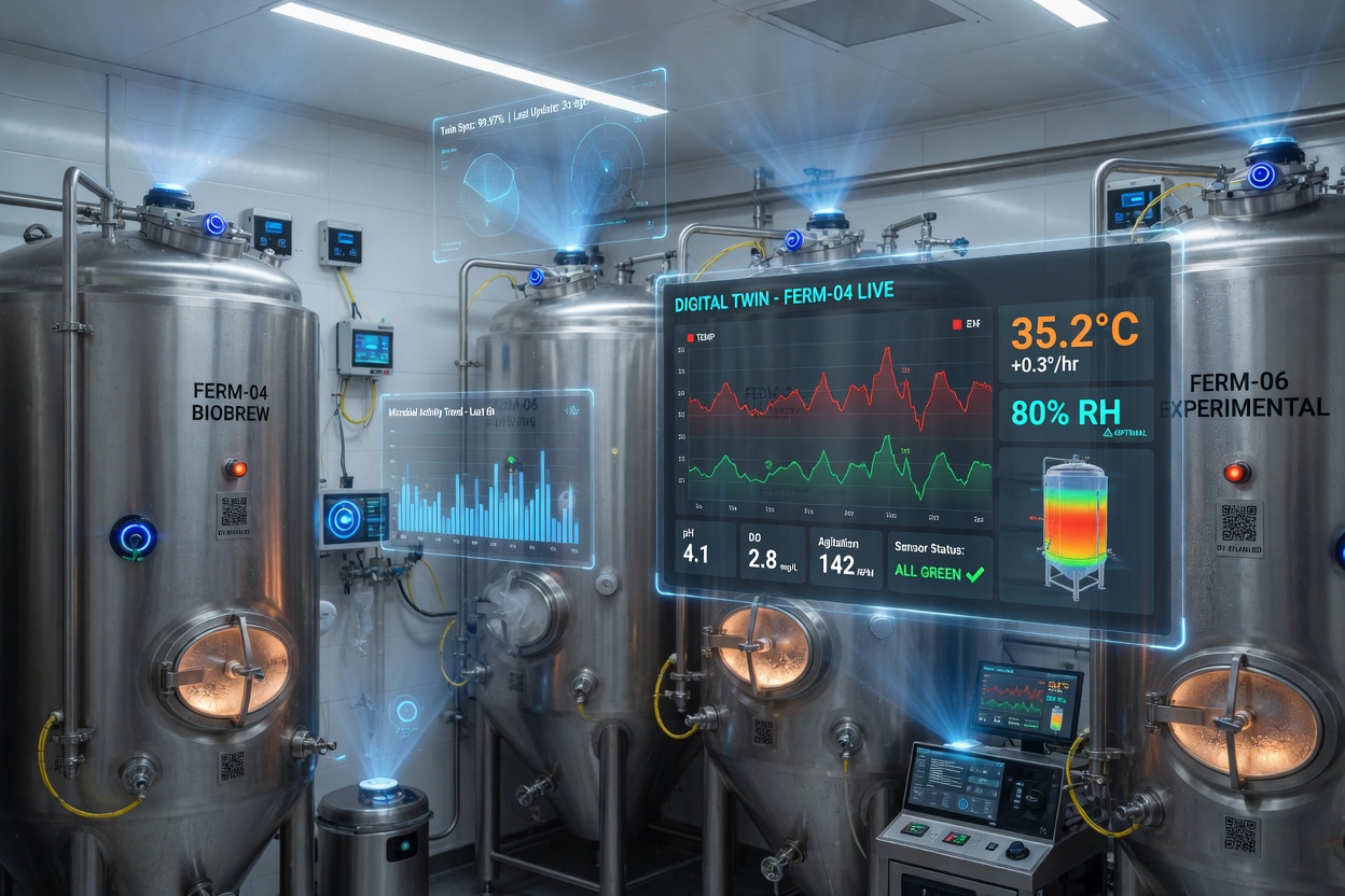 Schéma de l'architecture technique et du déploiement des capteurs du système de surveillance de la température et de l'humidité des salles de fermentation modernes
